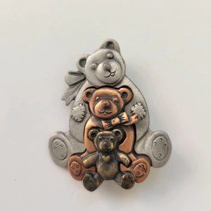 Vintage Brooch Pin Teddy bear Trio Mixed Metal Pewter Brass Copper Tone L Razza